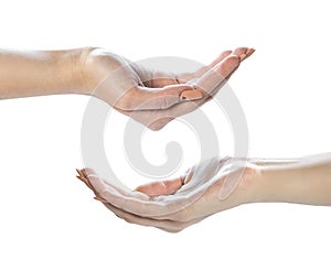 Empty open female hands isolated on white background