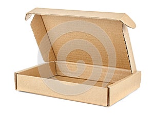 Empty open flat brown carton box isolated on white background