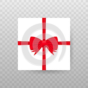 Empty open gift box with red color bow knot, ribbon isolated on transparent background. Vector stock illustration