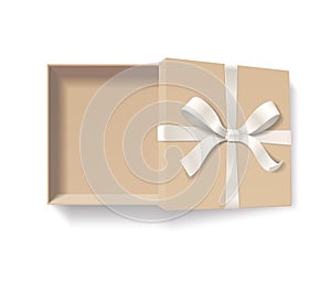 Empty open gift box with red color bow knot and ribbon isolated on white background.