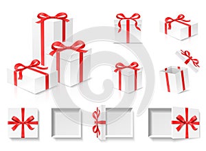 Empty open gift box set with red color bow knot and ribbon isolated on white background.