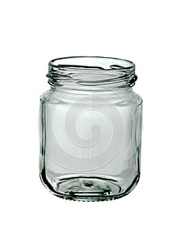 Empty open glass jar, close-up. Isolated on a white background