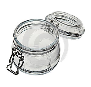 Empty open glass jar isolated on white background