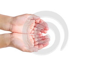 Empty open palms of child on white background