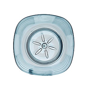 Empty open plastic, transparent bottle. On a white background top view