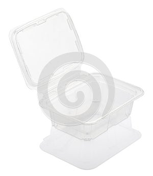 Empty open transparent plastic food container