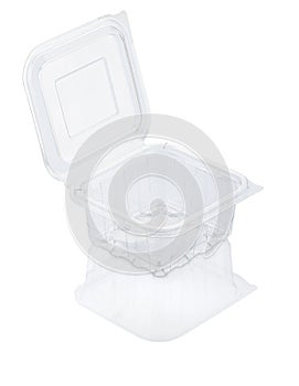 Empty open transparent plastic food container