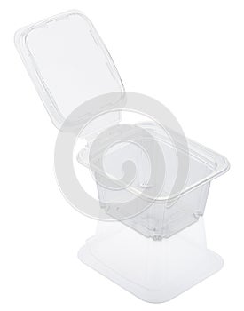 Empty open transparent plastic food container