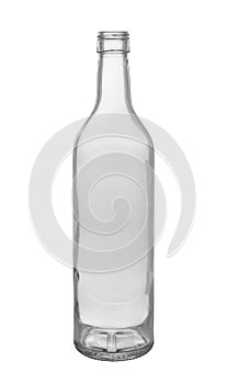 An empty open wine bottle made of transparent glass. On a white background, close-up
