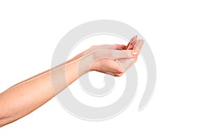 Empty open woman hands. Isolated