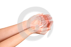 Empty open woman hands. Isolated