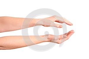 Empty open woman hands. Isolated