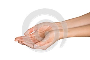 Empty open woman hands. Isolated