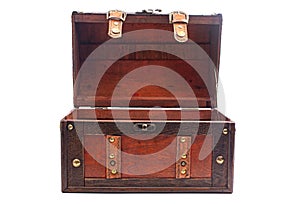 An Empty and Open Wood and Leather Treasure Chest Isolated on a White Background
