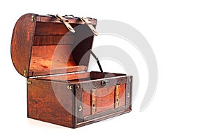 An Empty and Open Wood and Leather Treasure Chest Isolated on a White Background