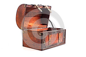 An Empty and Open Wood and Leather Treasure Chest Isolated on a White Background