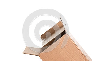 Empty opened cardboard box isolated on white