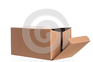 Empty opened cardboard box isolated on white