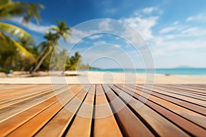 Empty orange bamboo table top stands for display product against the defocused white sand beach surrounded with coconut trees and