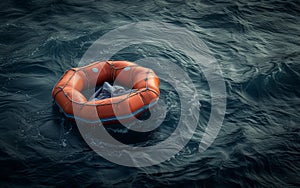 An empty orange inflatable life raft adrift on the ocean waves, symbolizing isolation and danger.