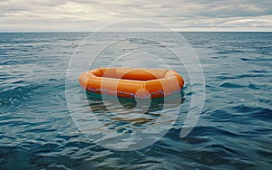 An empty orange inflatable life raft adrift on the ocean waves, symbolizing isolation and danger.