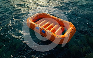 An empty orange inflatable life raft adrift on the ocean waves, symbolizing isolation and danger.