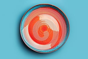 Empty orange plate on blue background, intermittent fasting concept.