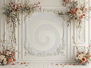 Empty, ornate room bathed in sunlight, adorned with lush pink and white floral arrangements