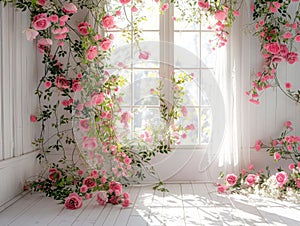 Empty, ornate room bathed in sunlight, adorned with lush pink and white floral arrangements