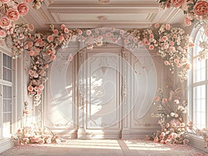 Empty, ornate room bathed in sunlight, adorned with lush pink and white floral arrangements