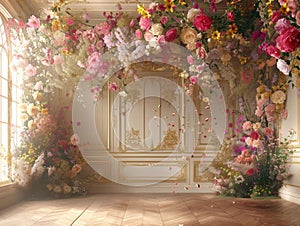 Empty, ornate room bathed in sunlight, adorned with lush pink and white floral arrangements