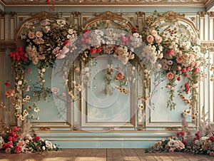 Empty, ornate room bathed in sunlight, adorned with lush pink and white floral arrangements