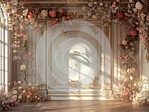 Empty, ornate room bathed in sunlight, adorned with lush pink and white floral arrangements