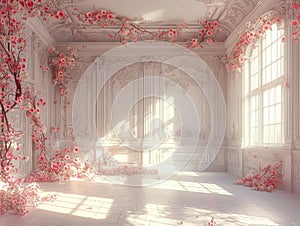 Empty, ornate room bathed in sunlight, adorned with lush pink and white floral arrangements