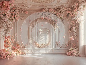 Empty, ornate room bathed in sunlight, adorned with lush pink and white floral arrangements