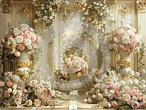 Empty, ornate room bathed in sunlight, adorned with lush pink and white floral arrangements