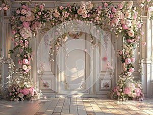 Empty, ornate room bathed in sunlight, adorned with lush pink and white floral arrangements