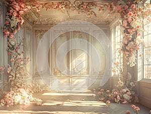 Empty, ornate room bathed in sunlight, adorned with lush pink and white floral arrangements