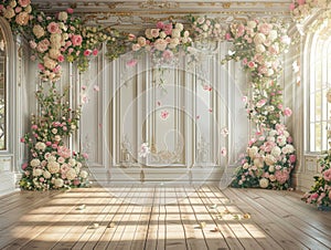 Empty, ornate room bathed in sunlight, adorned with lush pink and white floral arrangements