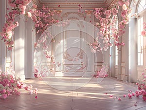 Empty, ornate room bathed in sunlight, adorned with lush pink and white floral arrangements