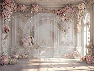 Empty, ornate room bathed in sunlight, adorned with lush pink and white floral arrangements