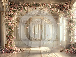 Empty, ornate room bathed in sunlight, adorned with lush pink and white floral arrangements