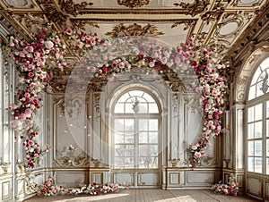 Empty, ornate room bathed in sunlight, adorned with lush pink and white floral arrangements