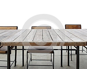 Empty outdoor old vintage wood table and chair in coffee shop restaurant