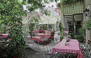 Pretty outdoor beer garden in Rothenburg Germany on the Romantic Road