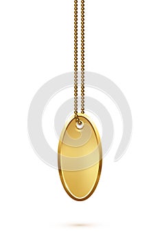 Empty oval gold military or dogs badge hanging on steel chain. Vector ellipse army object isolated on white background