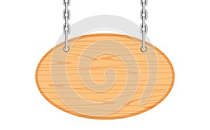 Empty oval wooden hanging sign with chain isolated on white, wood plank for hanging signs copy space, wooden plank for sign