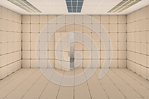 Empty padded cell with opened door. 3D rendering