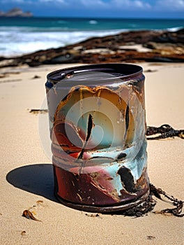 An empty paint can partially crushed and rusted on the beach.. AI generation