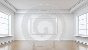Empty painting frame on a white wall in modern minimal interior, visual art mockup. Generative AI illustration
